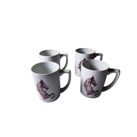 STABLE STUFF White Brown Horse Ceramic Coffee Mugs - Set of 4 - Picture 1 of 10